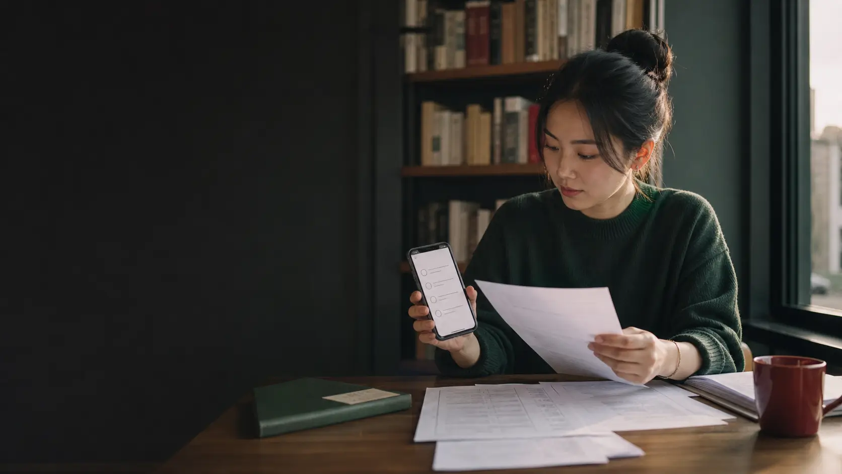 学习者在安静的书桌前对照手机练习与纸质题库资料