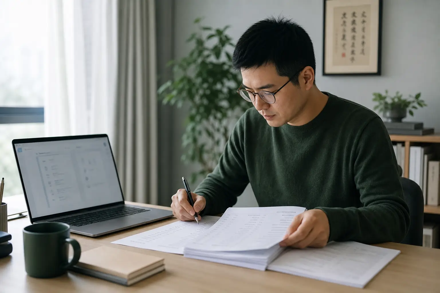 学习者在电脑前对照纸质资料集中复核题库